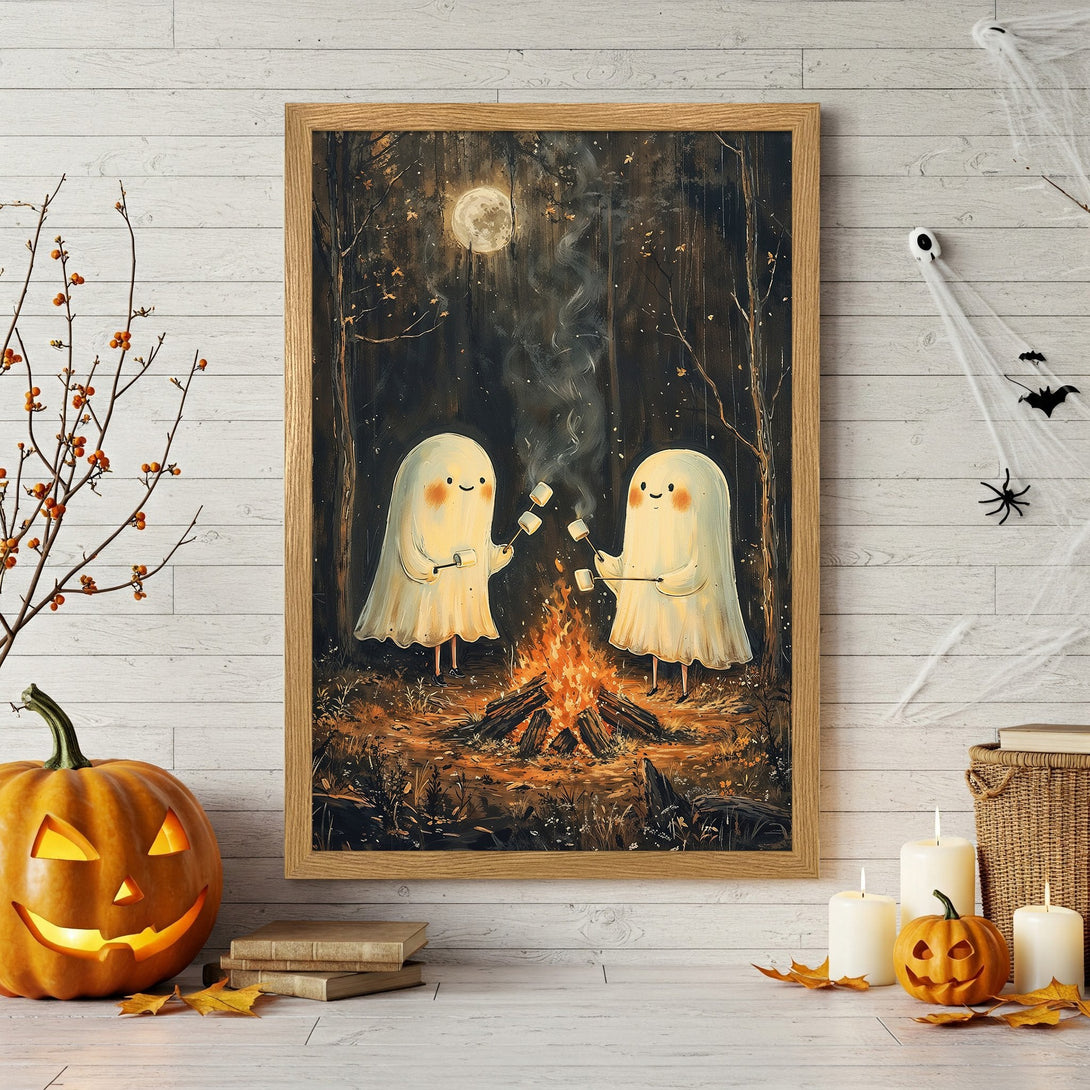 Framed Poster: Cute ghosts roasting marshmallows by a campfire. Whimsical illustration with warm, autumnal color palette. Perfect Halloween decor!