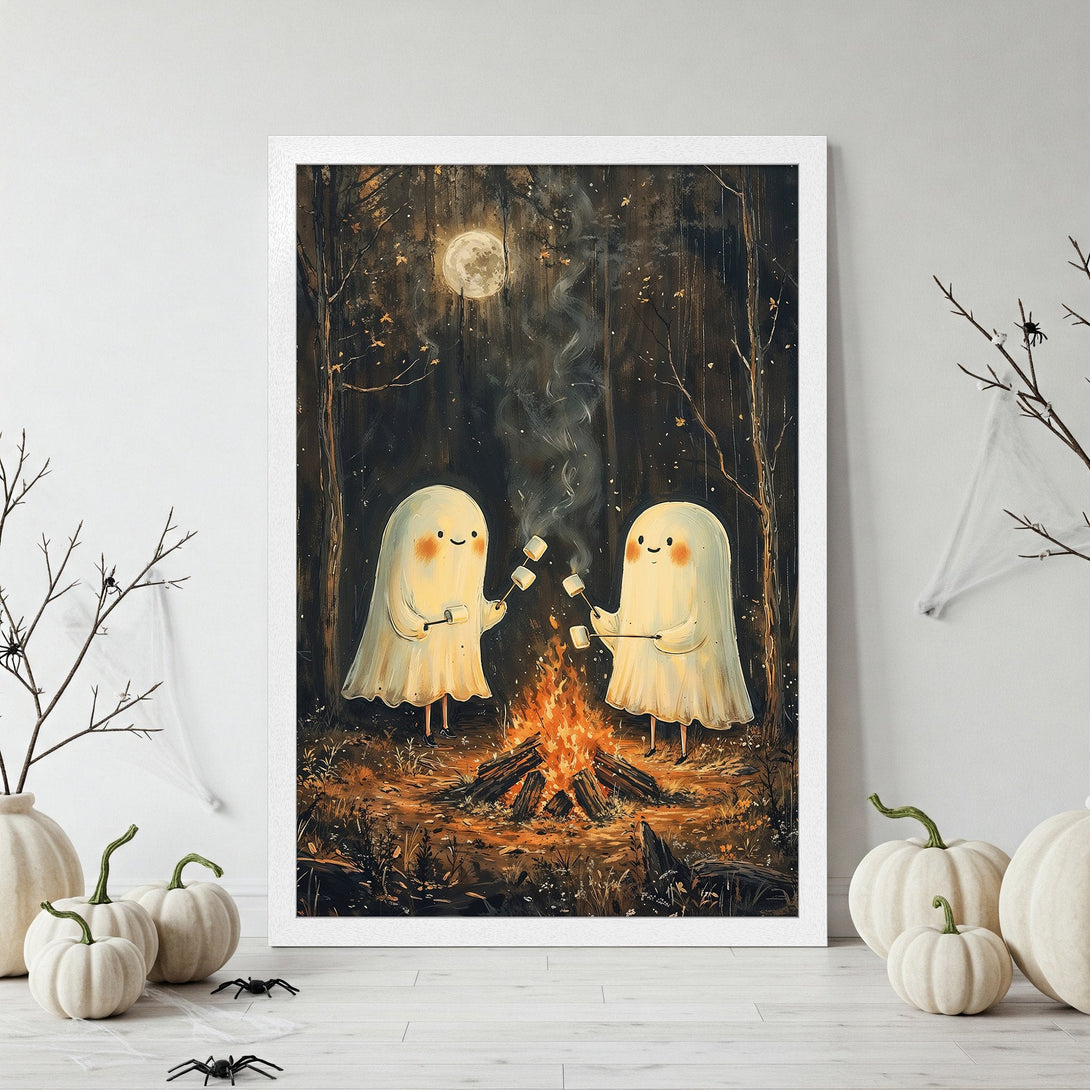 Framed Poster featuring cute ghosts roasting marshmallows by a campfire, in a whimsical style with a warm, autumnal color palette. Perfect Halloween decor!