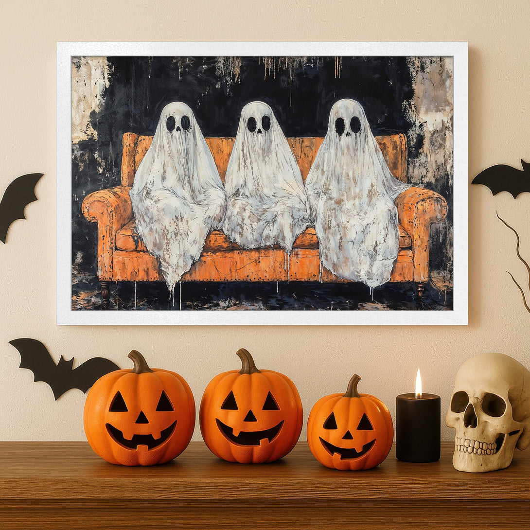 Framed Poster featuring spooky ghosts on a couch, in a Halloween-themed art style with a black, white, and orange color palette.