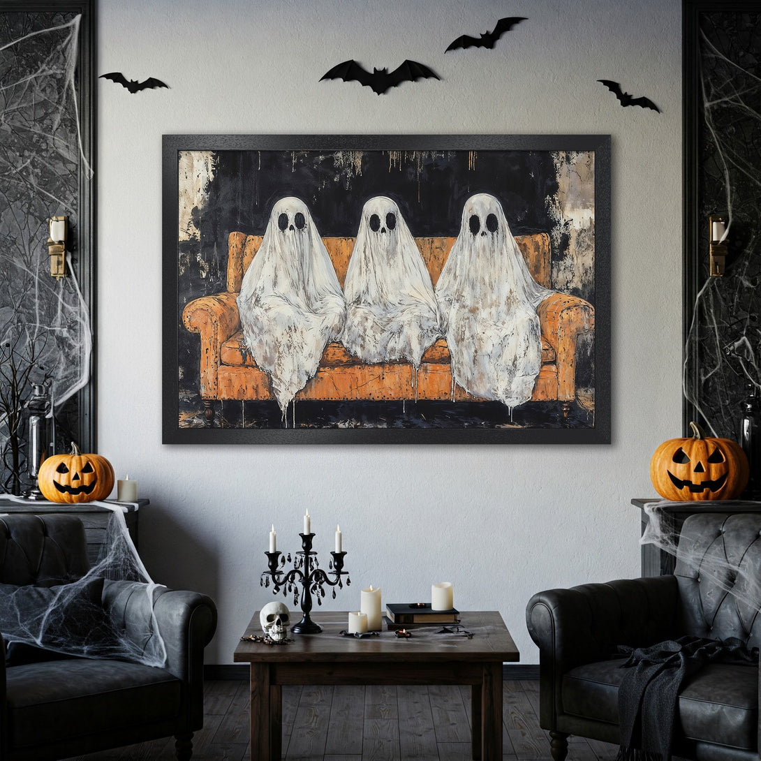 Framed Poster featuring spooky ghosts on a couch, perfect Halloween decor! Black, white, and orange color palette, artistic style. Get yours today!
