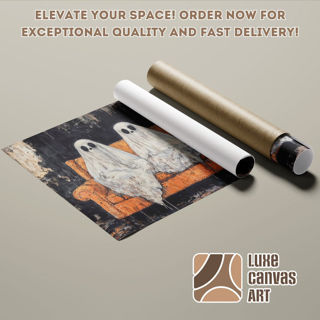 Poster Roll featuring a spooky ghost art print in a black, orange, and white color palette.