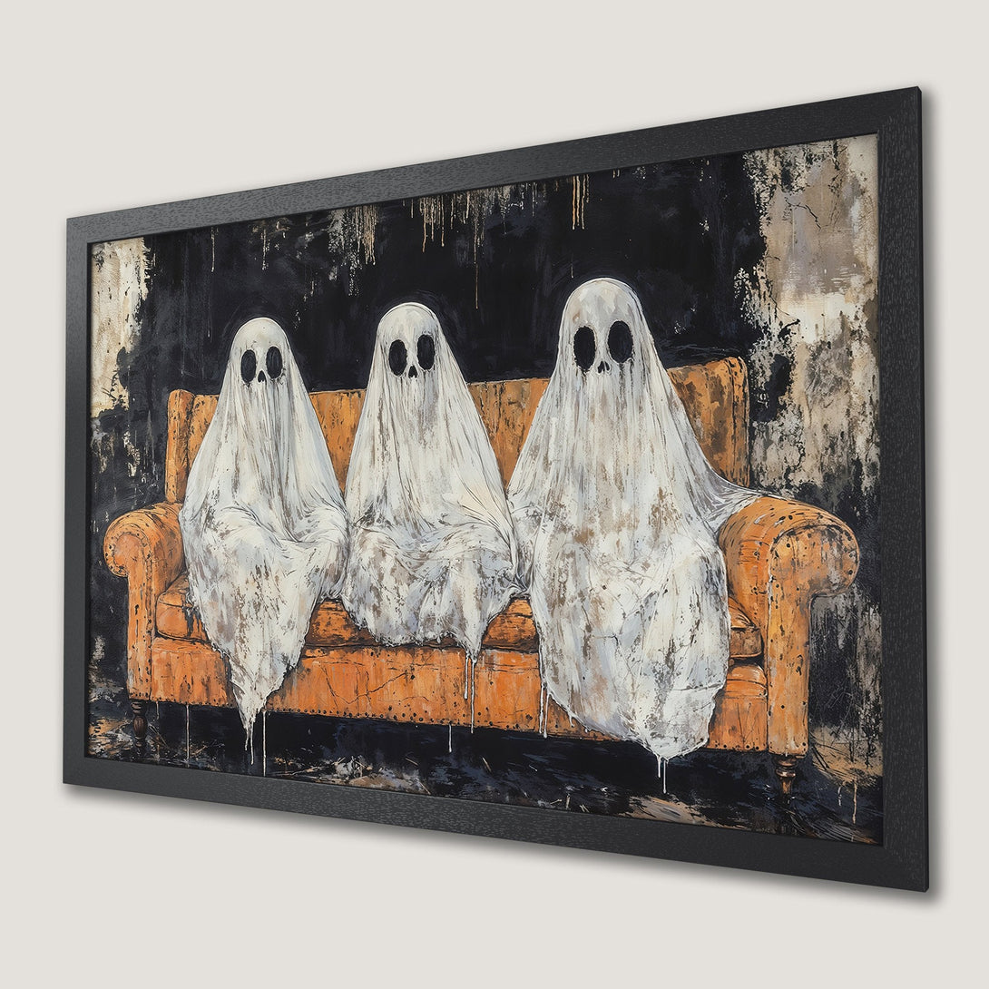 Framed Poster featuring ghostly figures on a couch, artistic style, black, white, and orange color palette. Perfect Halloween decor!
