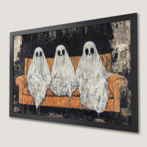 Framed Poster featuring ghostly figures on a couch, artistic style, black, white, and orange color palette. Perfect Halloween decor!