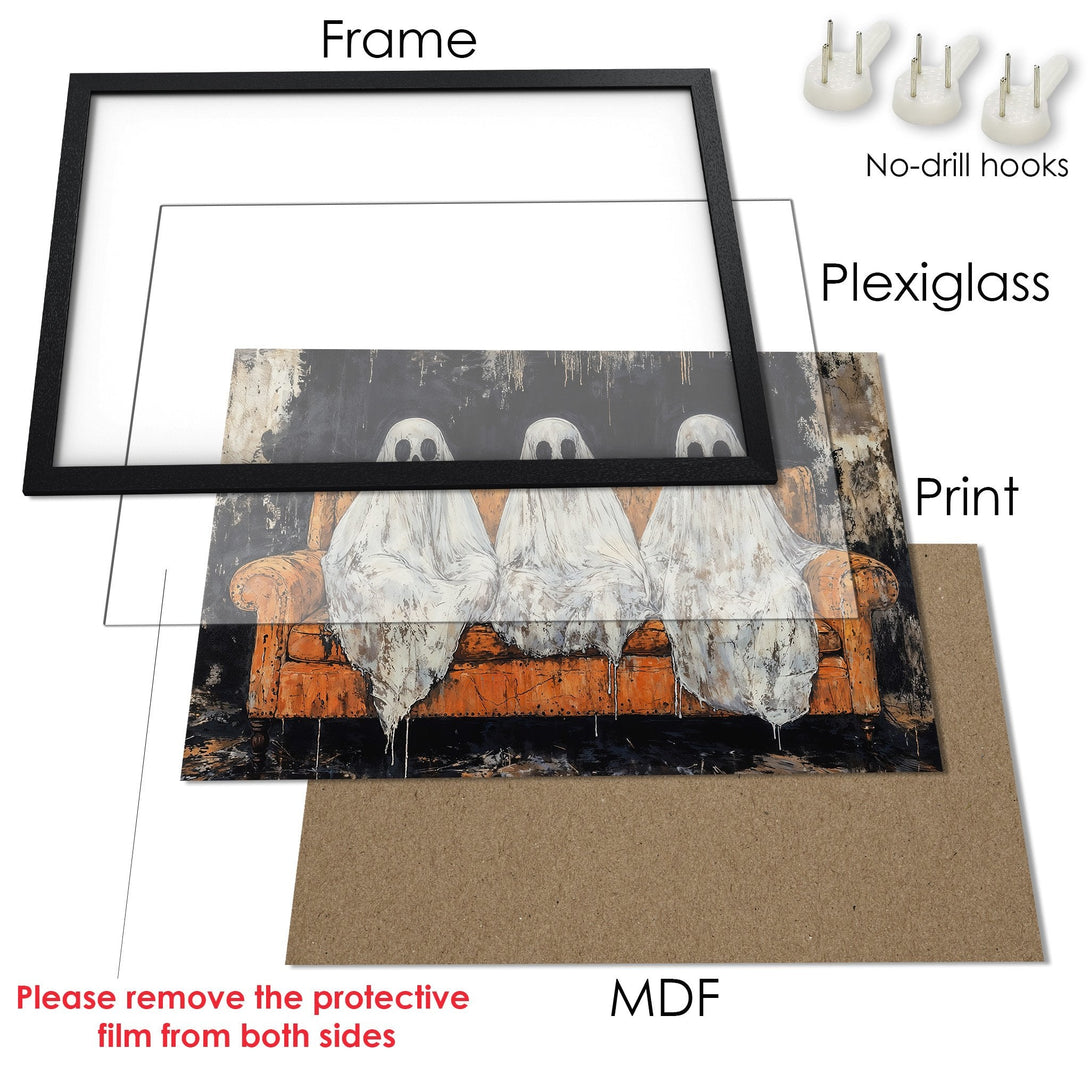 Framed Poster featuring ghostly figures in white on an orange chair, with a dark, moody color palette. Perfect Halloween decor!
