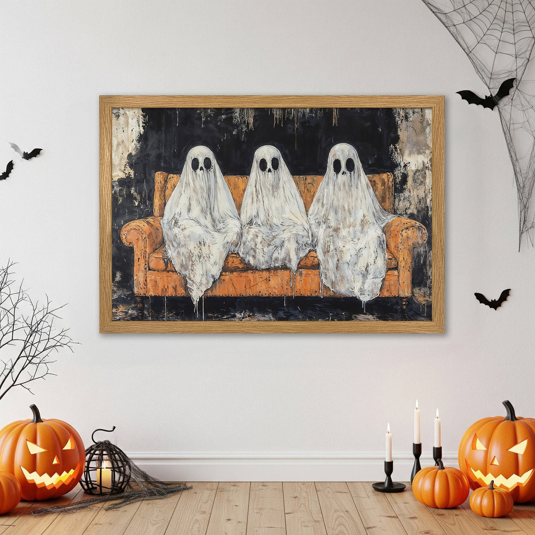 Framed Poster featuring spooky ghosts on a couch. Abstract style with a black, white, and orange color palette. Perfect Halloween decor!