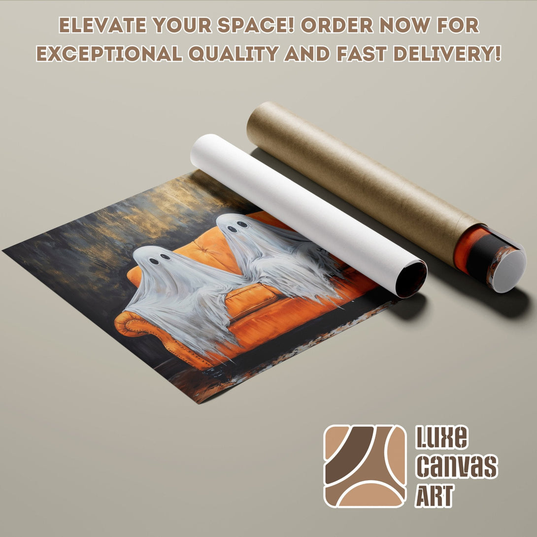 Spooky ghost art Poster Roll. Dramatic style, black, orange, and white color palette. Elevate your space!