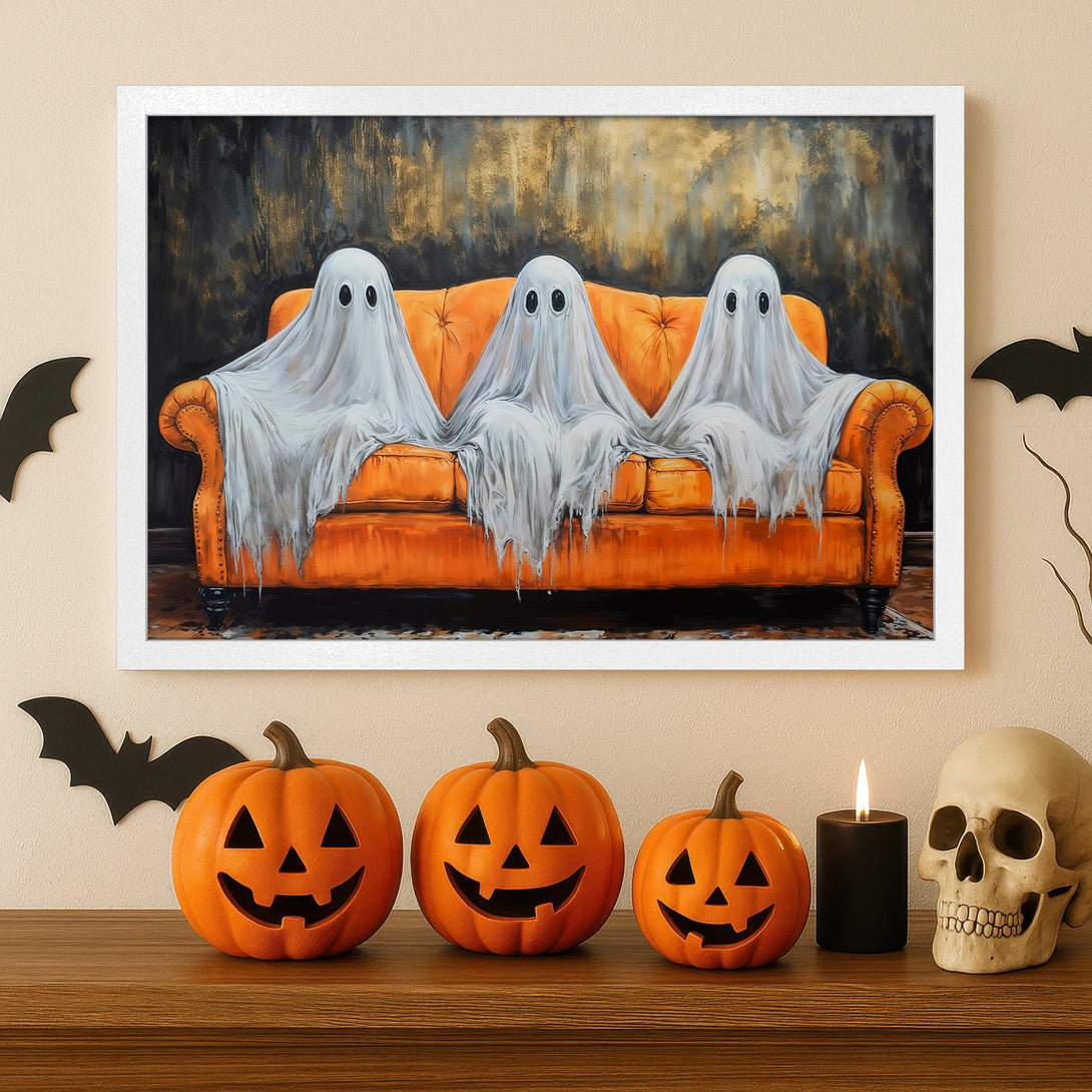 Framed Poster featuring spooky ghosts on an orange couch. Halloween art in a warm, autumnal color palette. Perfect Halloween decor!