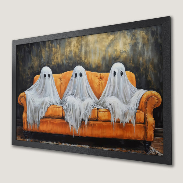 Framed Poster featuring whimsical ghosts on an orange couch, in a modern style with a warm color palette. Perfect Halloween decor!