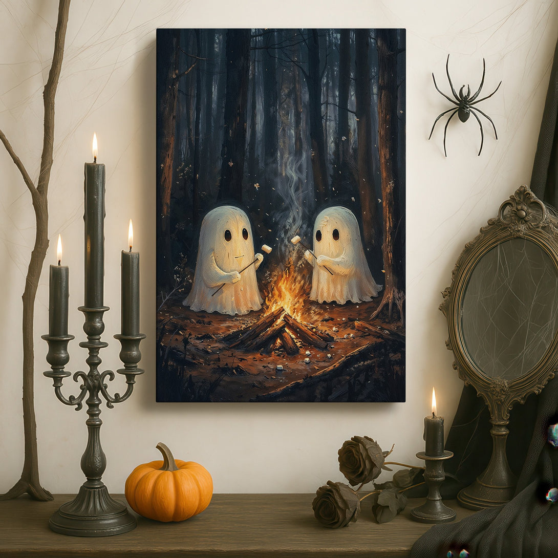 Framed Wall Art featuring whimsical ghosts roasting marshmallows in a dark forest scene. Moody, dark color palette perfect for Halloween decor.