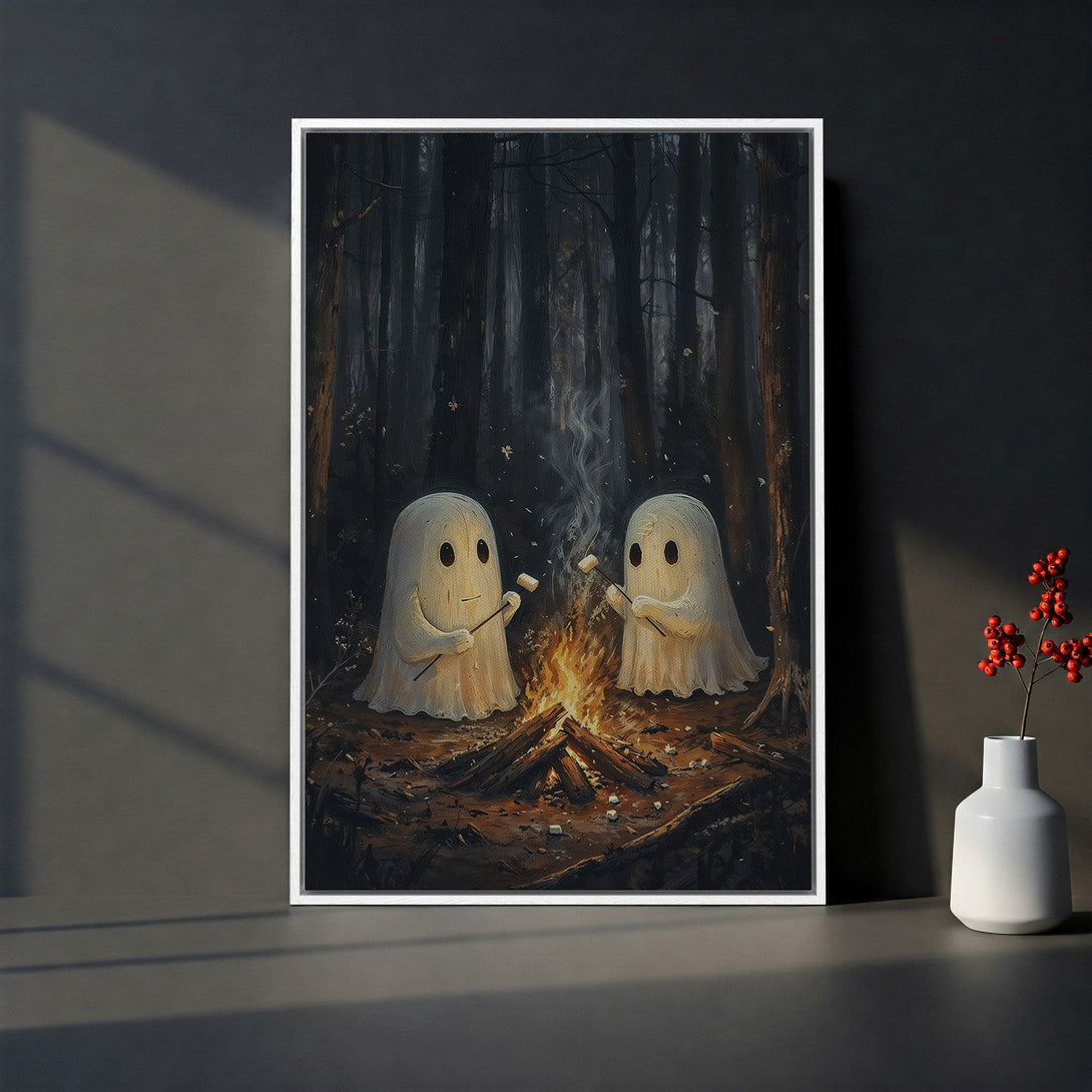 Framed Wall Art featuring two cute ghosts roasting marshmallows by a campfire in a dark forest. Warm, inviting tones of brown, orange, and black. Perfect Halloween decor!