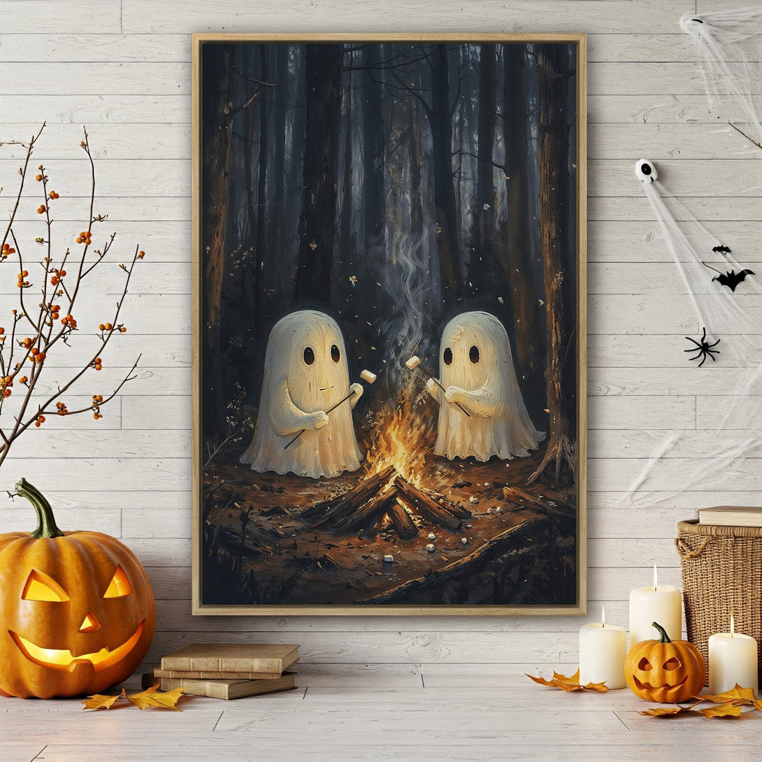 Framed Wall Art: Spooky Halloween scene with two friendly ghosts roasting marshmallows. Dark, moody color palette. Perfect for adding a touch of whimsy to your decor.