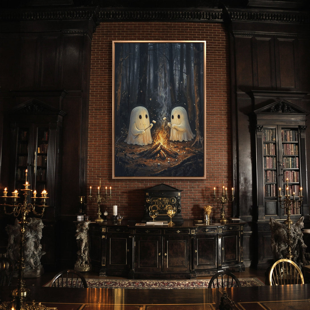 Framed Wall Art: Adorable ghost friends roasting marshmallows by a campfire in a dark forest. Perfect for Halloween decor! Features a moody, dark color palette.