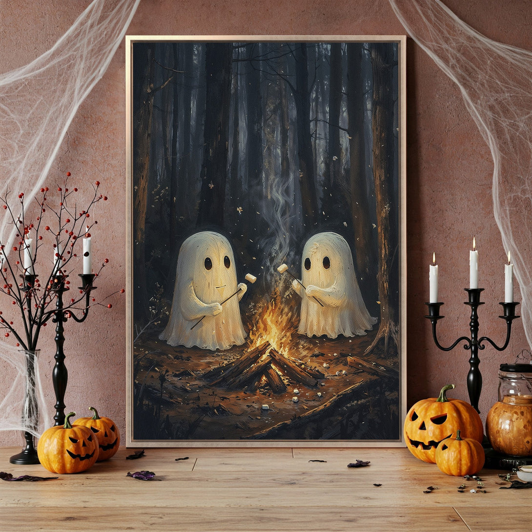 Framed Wall Art: Spooky Halloween scene with ghosts roasting marshmallows in a dark forest. Earthy tones with pops of orange and white. Perfect for seasonal decor.