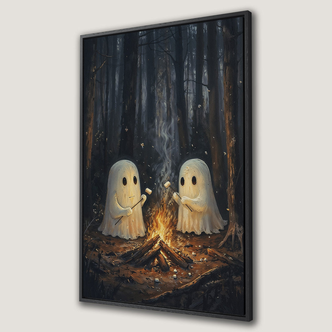 Framed Wall Art: Adorable ghosts roasting marshmallows by a campfire in a dark forest. Whimsical art in a moody, earthy color palette. Perfect for Halloween decor.