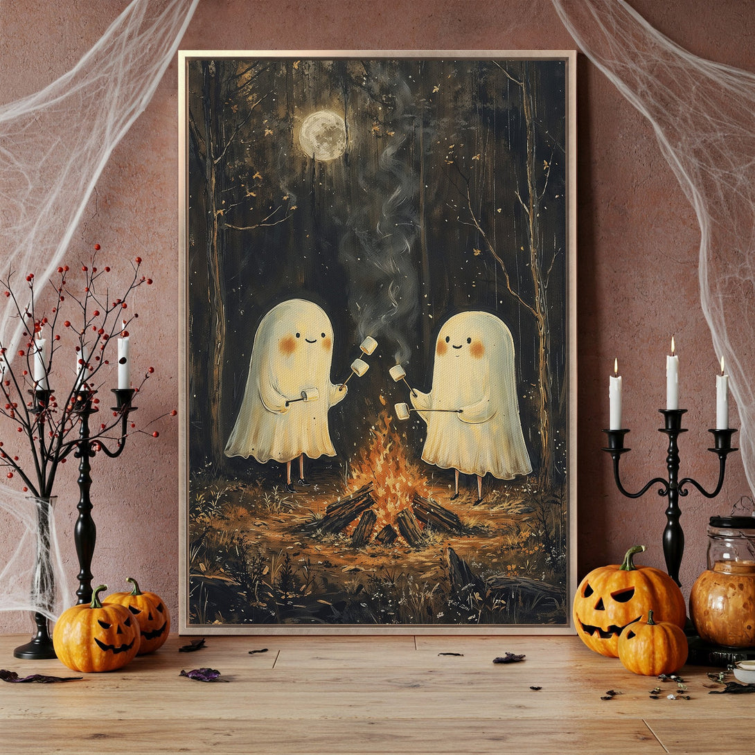 Framed Wall Art: Adorable Halloween ghost art with a warm, inviting color palette. Perfect for spooky season decor! Shop now for unique wall art.