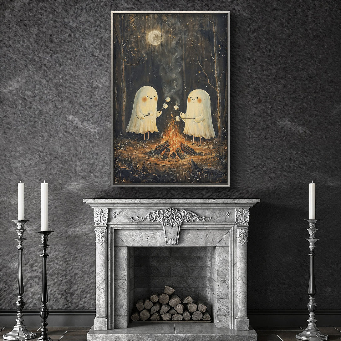Framed Wall Art featuring adorable ghosts roasting marshmallows by a campfire in a whimsical, warm-toned illustration. Perfect for adding a touch of cozy charm.