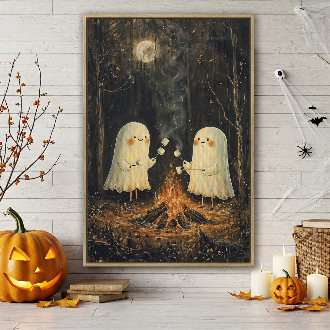 Framed Wall Art: Adorable ghost campfire scene in warm, earthy tones. Whimsical art perfect for Halloween decor. Add a touch of spooky charm to your home!