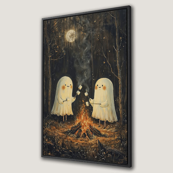 Framed Wall Art: Adorable ghosts roasting marshmallows by a campfire in a whimsical forest scene. Warm earth tones and a touch of spooky charm. Perfect for your home!