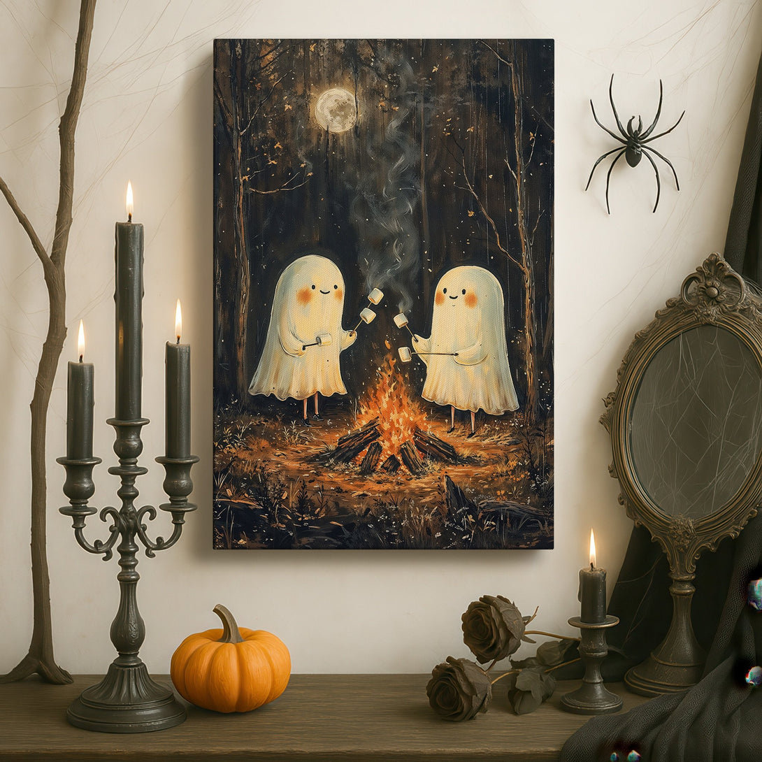 Framed Wall Art: Whimsical ghost scene in a dark, moody forest. Warm, inviting colors with a touch of magic. Perfect for adding charm to any space!
