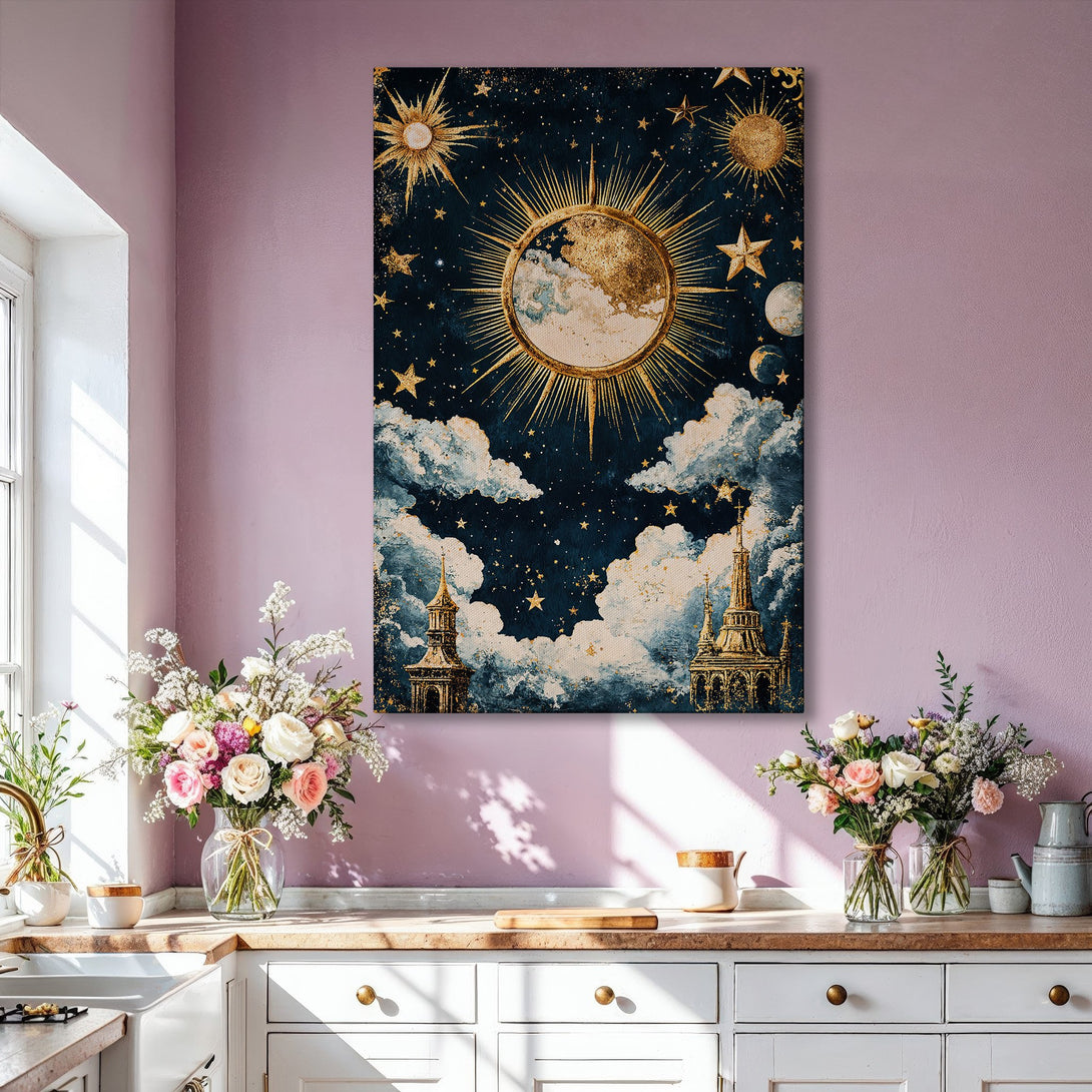 Framed Wall Art: Celestial-themed artwork with a navy, gold, and white color palette. Features sun, stars, and clouds. Perfect for adding a touch of magic to your home.