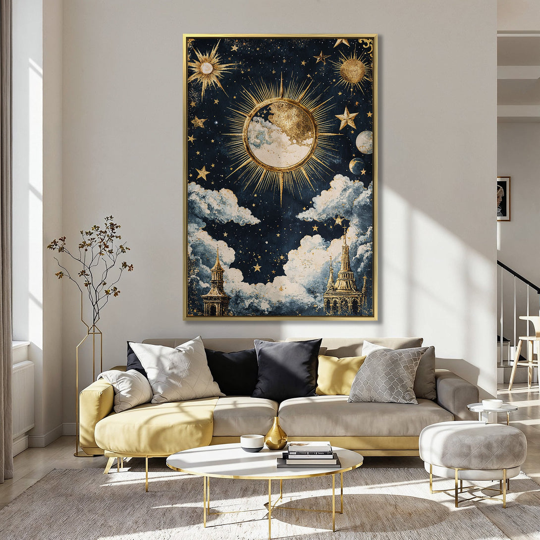 Canvas Print: Celestial art with gold accents on a navy background. Features sun, stars, and clouds. Adds a touch of elegance to any space.