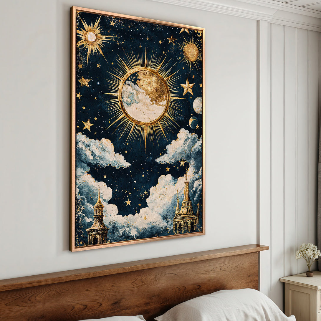 Framed Wall Art: Celestial-themed canvas print with a gold and navy color palette. Features sun, stars, clouds, and architectural elements. Perfect for bedroom decor.