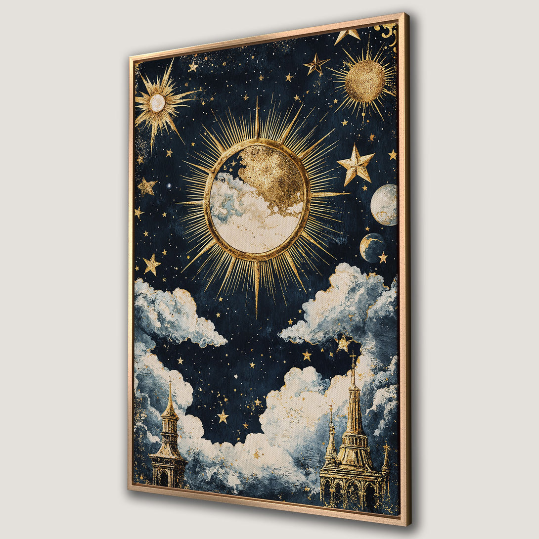 Framed Wall Art featuring a celestial scene with sun, stars, and clouds in a gold and navy blue color palette. Perfect for adding a touch of elegance.