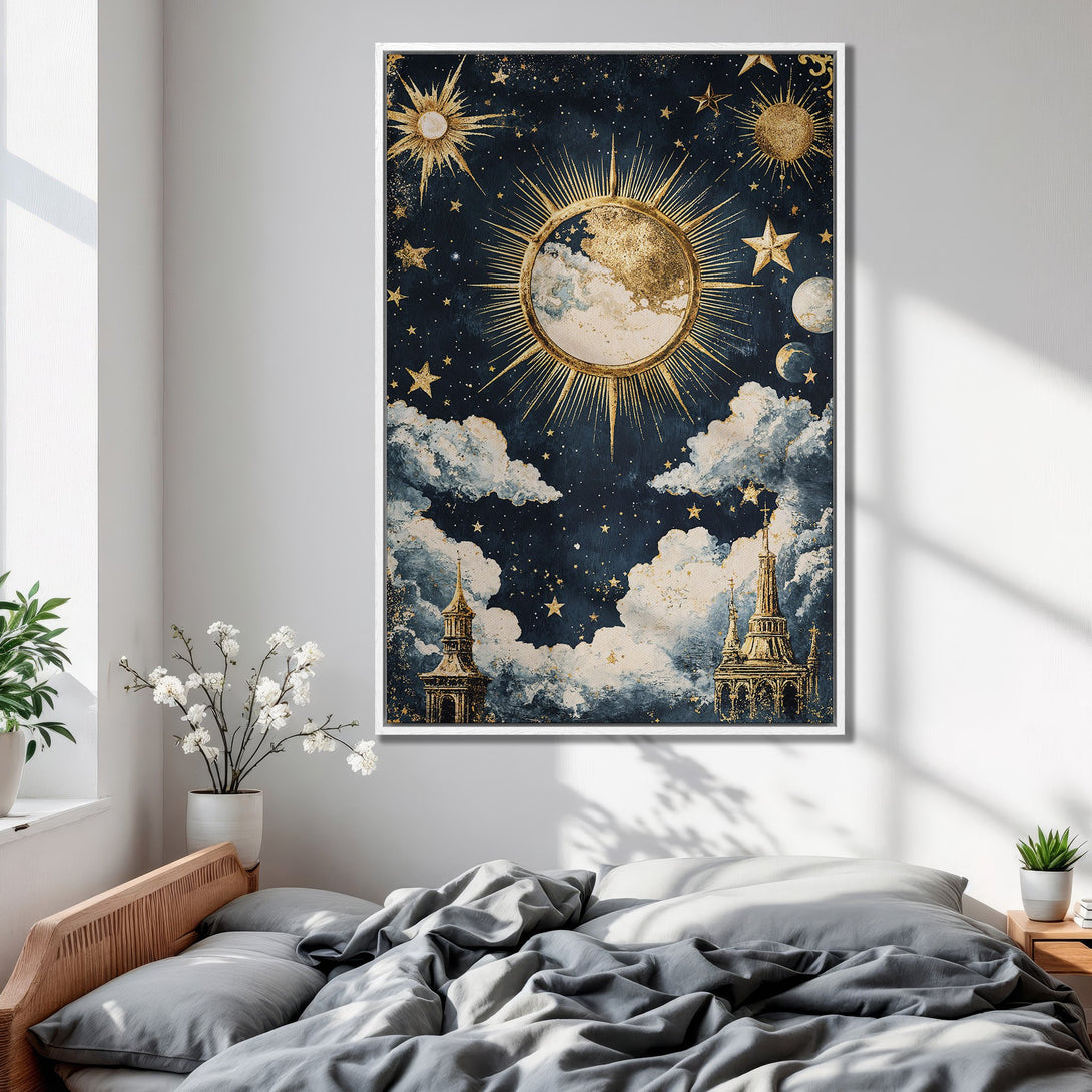 Framed Wall Art featuring a celestial design with a dark blue and gold color palette. Perfect for adding a touch of elegance to your bedroom decor.