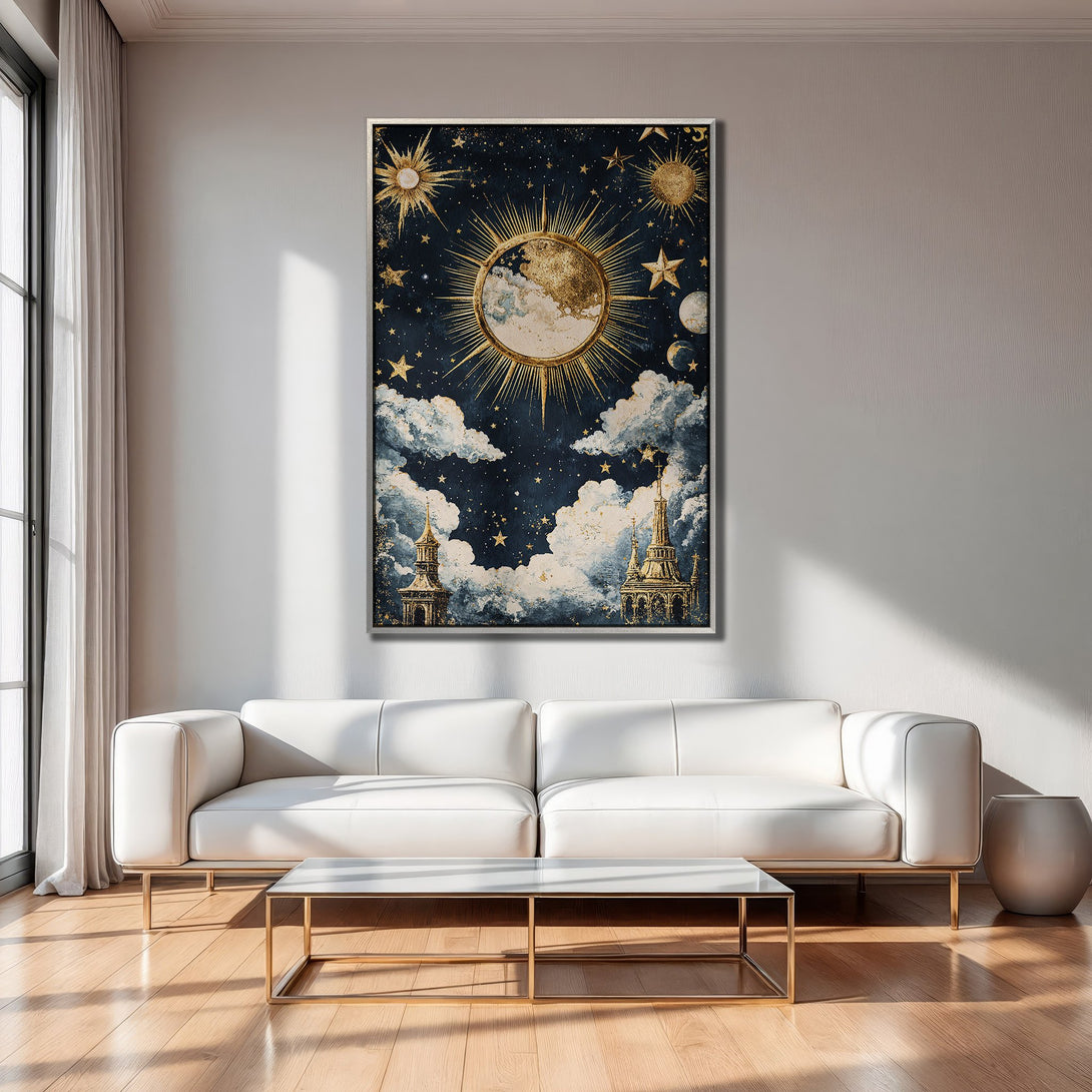 Framed Wall Art of celestial scene in a modern interior. Dark blue and gold color palette with sun, stars, and clouds. Perfect for any space.