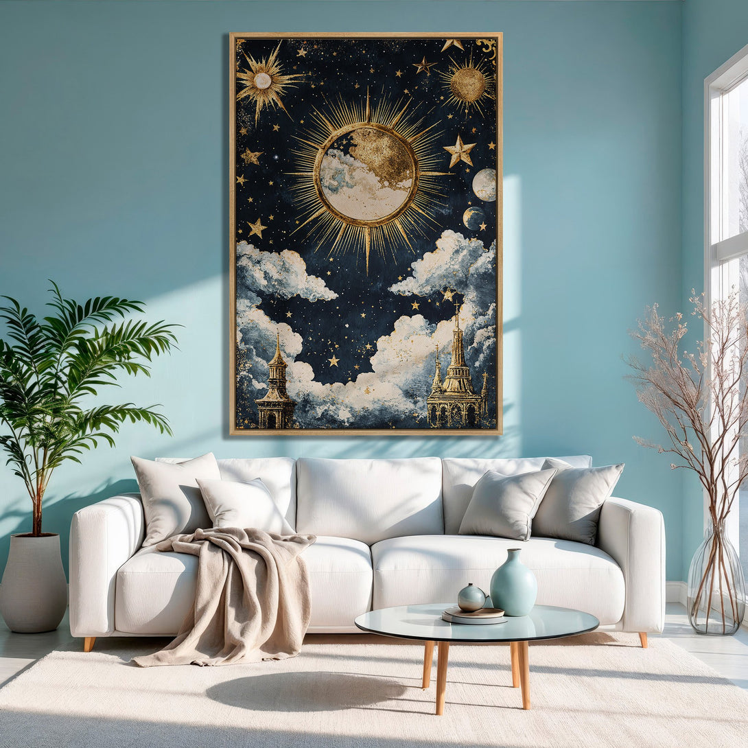 Framed Wall Art: Celestial-themed print with gold accents on a dark blue background. Adds a touch of elegance to any space. Perfect for a modern home!