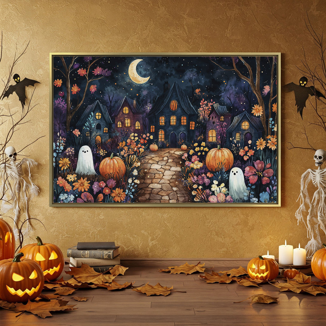 Canvas Print: Spooky Halloween artwork with a whimsical night scene in a moody, purple and orange palette. Perfect for seasonal decor!
