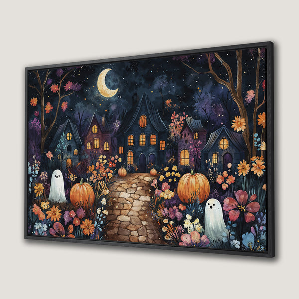 Framed Wall Art: Spooky Halloween scene with whimsical houses, pumpkins, and ghosts. Watercolor style with a dark, enchanting color palette. Perfect for fall decor!