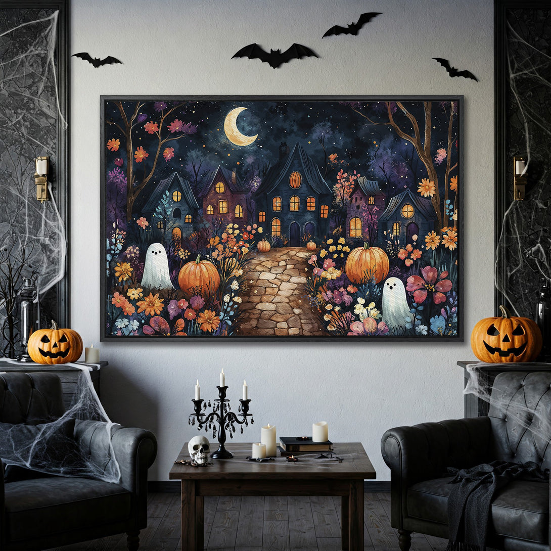 Framed Wall Art: Spooky Halloween scene with a watercolor style, featuring a haunted village in a dark blue and orange color palette.