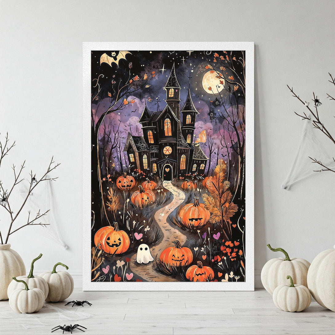 Framed Poster featuring a spooky Halloween scene with a haunted house, pumpkins, and a purple and orange color palette.