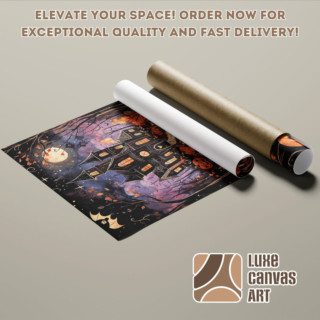 Halloween Poster Roll, spooky haunted house art, dark color palette, perfect for fall decor.