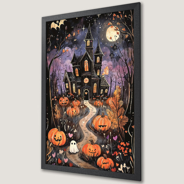 Framed Poster featuring a spooky Halloween scene with a haunted house, pumpkins, and a ghost. Watercolor style with a dark, orange, and purple palette.