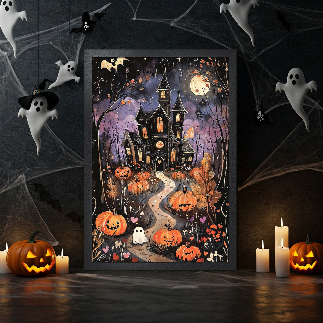 Framed Poster featuring a spooky Halloween scene with a haunted house, pumpkins, and a purple and orange color palette.