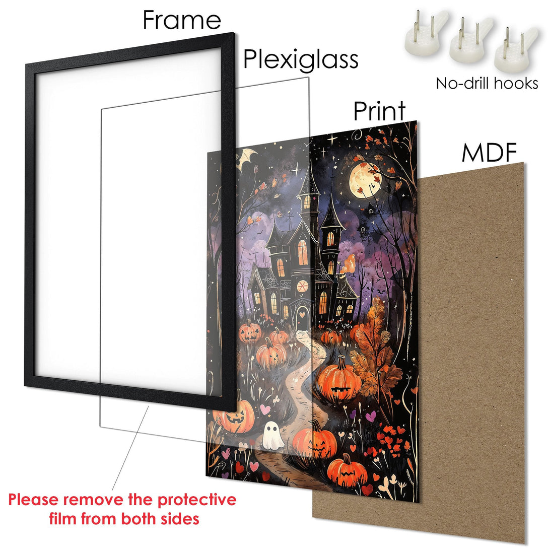 Framed Poster featuring a spooky Halloween scene with a haunted house, pumpkins, and a dark, warm color palette. Perfect for fall decor!