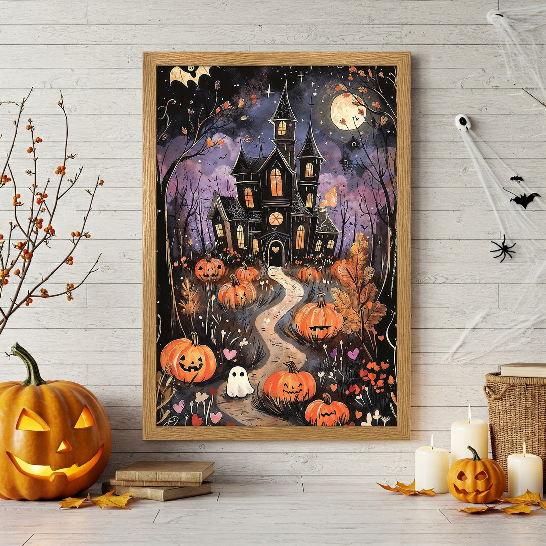 Framed Poster featuring a spooky Halloween haunted house illustration in watercolor style with orange, purple, and black color palette. Perfect for seasonal decor!