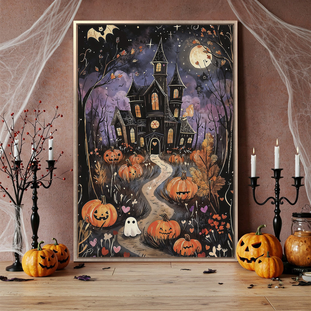 Framed Wall Art: Spooky Halloween scene with a haunted house, pumpkins, and a ghost. Dark, vibrant color palette perfect for seasonal decor.