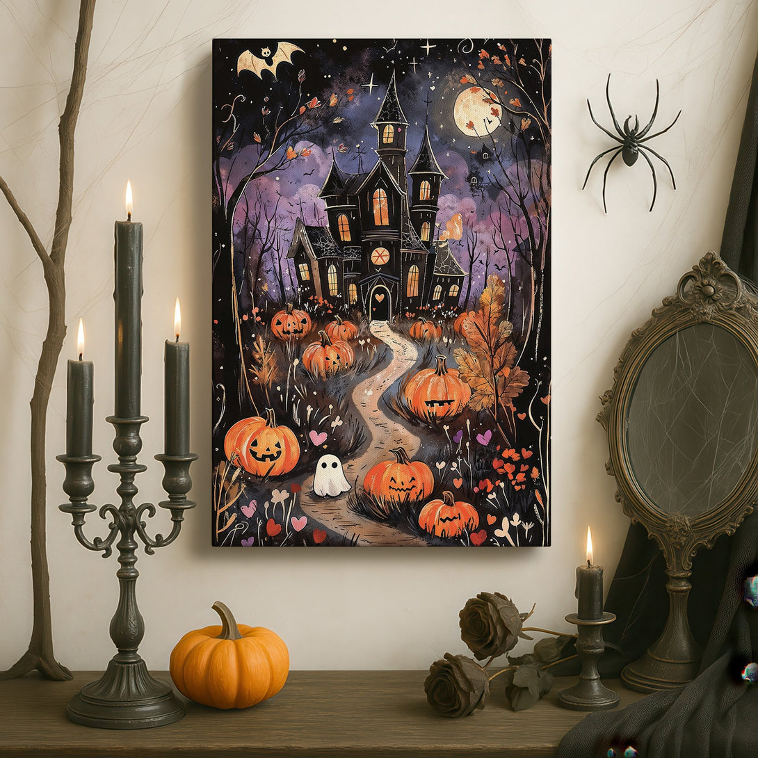 Framed Wall Art: Spooky Halloween scene with a haunted house, pumpkins, and a ghost. Featuring a whimsical style and a dark, moody color palette.