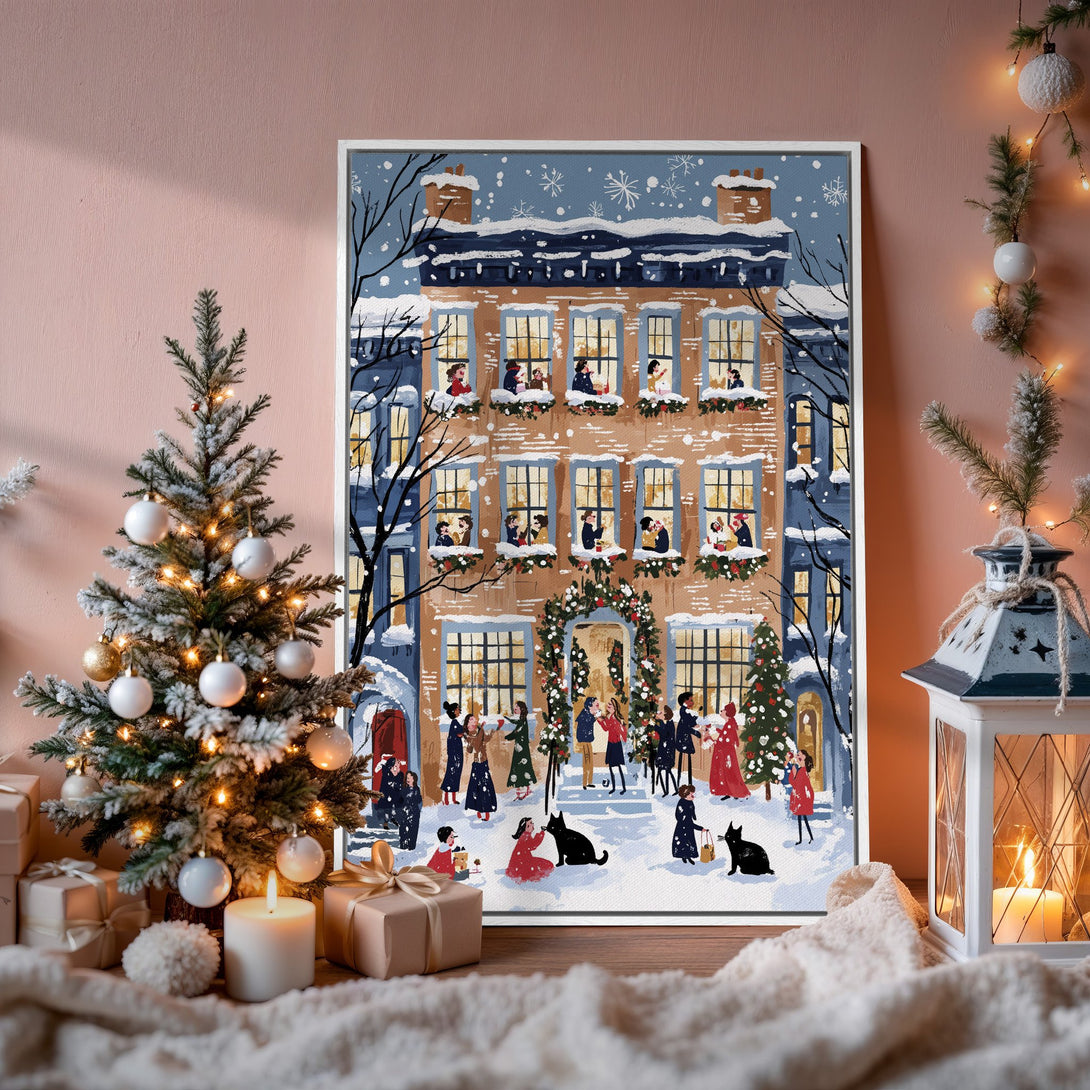 Framed Wall Art featuring a festive winter scene. Charming illustration in a warm color palette, perfect for holiday decor. Bring the joy of Christmas home!