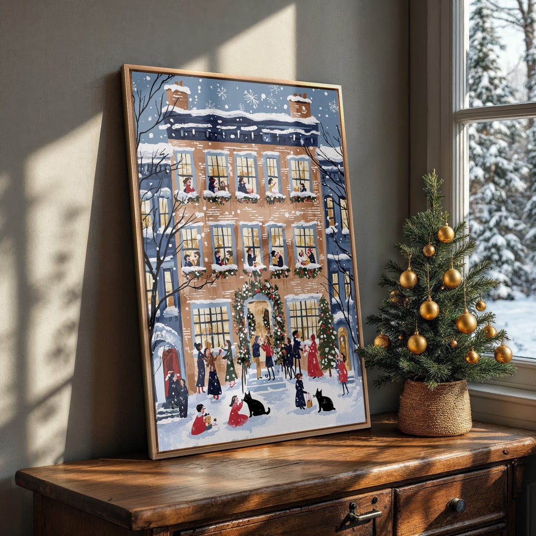 Framed Wall Art: Winter scene Canvas Print with festive illustration in a warm, inviting color palette. Perfect holiday decor!