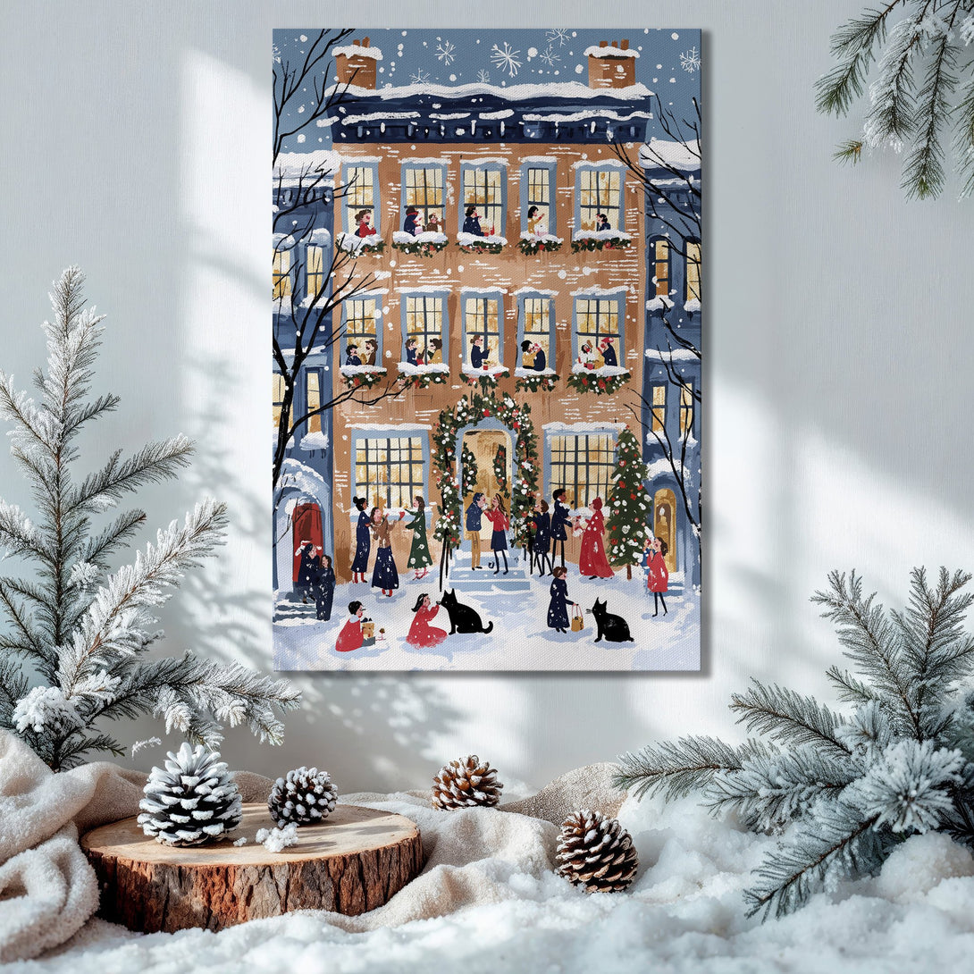 Framed Wall Art: Cozy winter scene canvas print with a festive holiday illustration in warm tones, perfect for Christmas decor.
