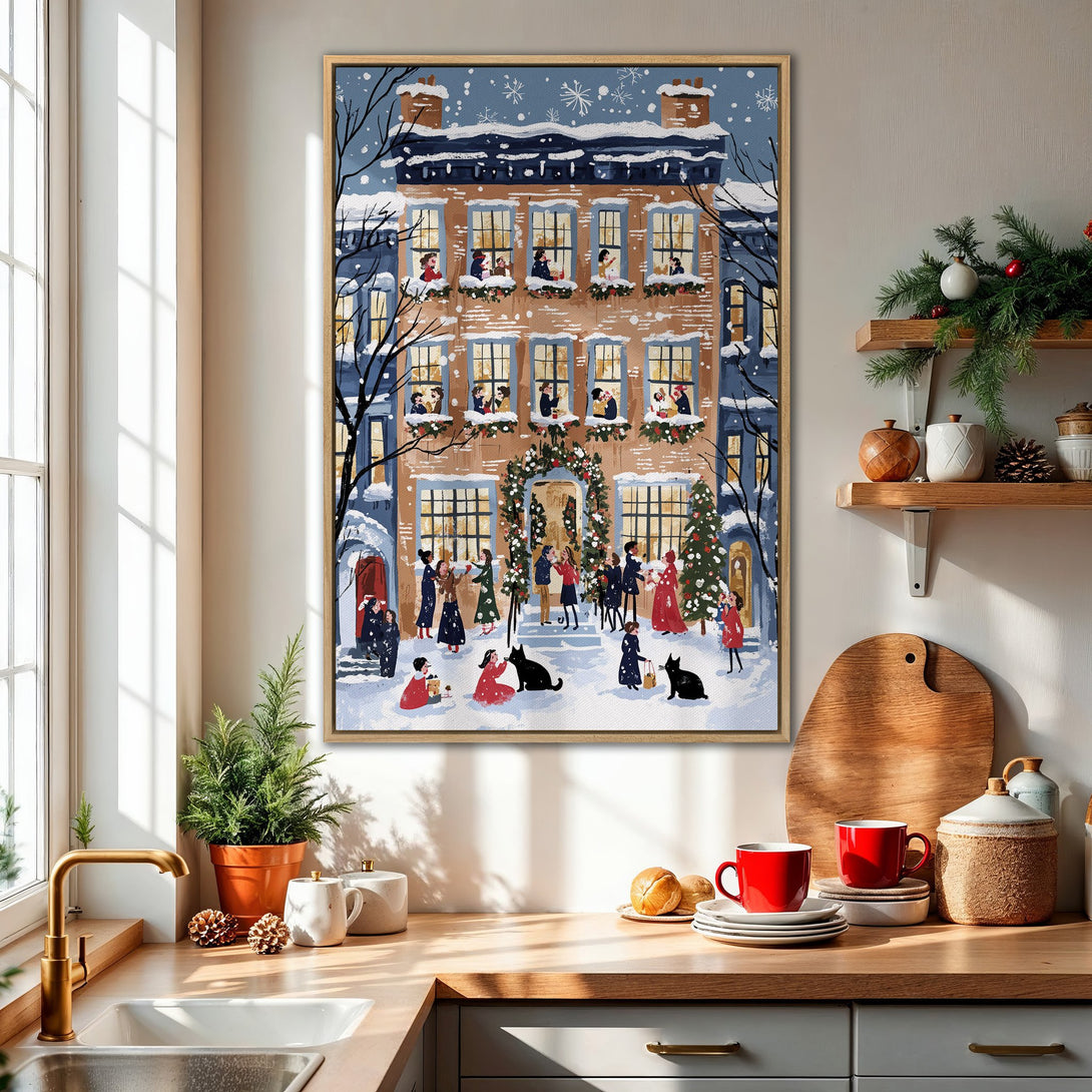 Framed Wall Art: Festive winter scene Canvas Print. Charming illustration of a snowy house with people, warm colors, and a touch of holiday cheer. Perfect for seasonal decor!