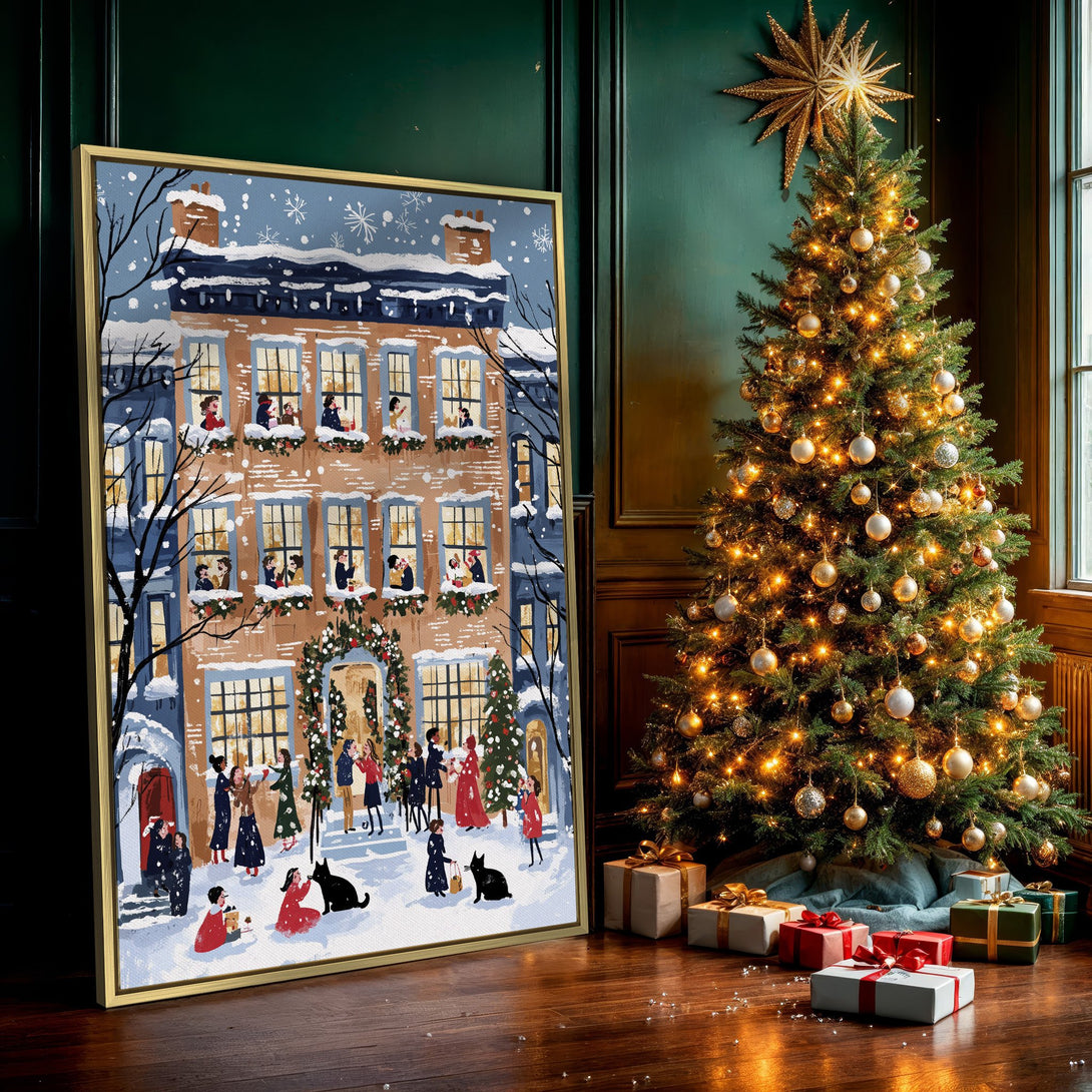 Canvas Print of a festive winter scene with a building and people. Warm, inviting color palette with blues, browns, and pops of red. Perfect wall art!