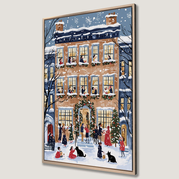Framed Wall Art of a festive winter scene with a cozy house and people. Warm, inviting color palette with blues, browns, and reds. Perfect holiday decor.