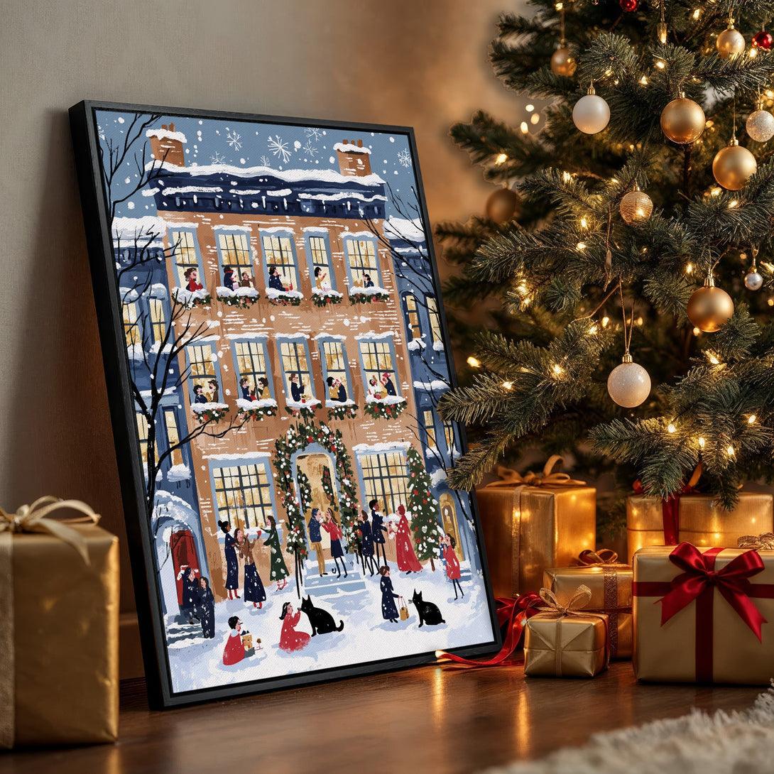 Framed Wall Art: Festive winter scene Canvas Print with a charming illustration of a holiday gathering in a warm, inviting color palette. Perfect Christmas decor!