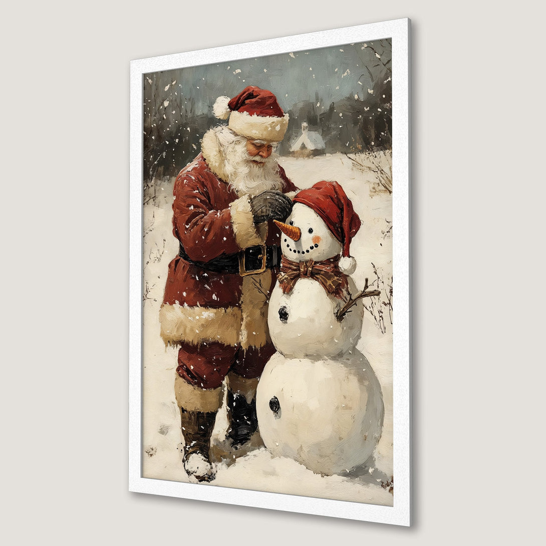 Framed Poster featuring Santa Claus building a snowman in a winter scene. Warm red and neutral tones create a cozy, festive holiday vibe.