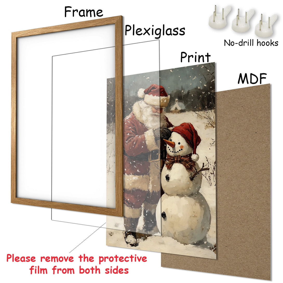 Framed Poster featuring Santa & snowman in a winter scene. Rustic style, warm red & neutral color palette, perfect for holiday decor.